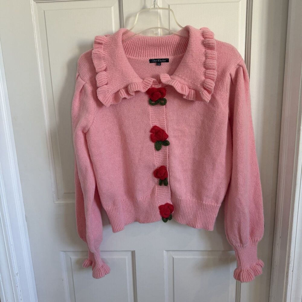 Over Kleshas Pink Ruffle Knit Cardigan Sweater S/M Women Grandmacore